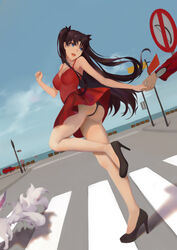  ass black_footwear black_hair black_panties black_ribbon blue_eyes commentary_request crosswalk dress fate/grand_order fate/stay_night fate_(series) female fou_(fate) hair_ribbon high_heels highres holding_hands long_hair ocarino panties pumps red_dress ribbon road short_dress solo_focus street tohsaka_rin two_side_up underwear 