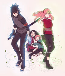  2boys 2girls anbu armband aura black_gloves black_hair black_legwear broken_eyewear bruise clenched_hands commentary electricity english_commentary family gloves glowing_hands hair_over_eyes hand_wraps highres injury konohagakure_symbol leaf leggings long_hair multiple_boys multiple_girls naruto naruto_(series) naruto_shippuuden ninja petals photoshop_(medium) pink_hair sakura_haruno shivi_martin shoes short_hair thighhighs toeless_footwear uchiha_sarada uchiha_sasuke 