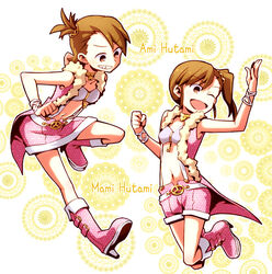  2girls ;d belt boots brown_eyes brown_hair character_name choker commentary_request futami_ami futami_mami grin idolmaster idolmaster_(classic) multiple_girls navel nightea one_eye_closed open_mouth photoshop_(medium) pink_diamond_765_(idolmaster) pink_footwear short_hair shorts siblings side_ponytail sisters skirt smile suspenders twins 