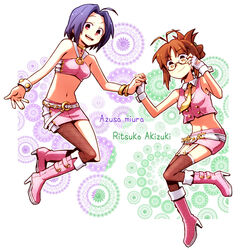  2girls akizuki_ritsuko boots character_name commentary_request folded_ponytail glasses holding_hands idolmaster idolmaster_(classic) interlocked_fingers miura_azusa multiple_girls nightea open_mouth photoshop_(medium) pink_diamond_765_(idolmaster) pink_footwear short_hair smile 