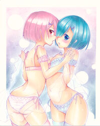  2girls armband ass asymmetrical_docking bare_shoulders blue_bra blue_eyes blue_hair blue_legwear blue_panties bra breast_press breasts cleavage commentary_request cowboy_shot facing_another groin hair_ornament hair_over_one_eye heads_together highres holding_hands interlocked_fingers legs_together medium_breasts mimi_(mini1474) multiple_girls navel open_mouth panties pink_bra pink_hair pink_legwear pink_panties ram_(re:zero) re:zero_kara_hajimeru_isekai_seikatsu red_eyes rem_(re:zero) see-through short_hair siblings side-tie_panties sisters standing stomach teeth thighhighs twins underwear underwear_only x_hair_ornament 