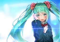  bad_id bad_pixiv_id bow bowtie female green_eyes green_hair hatsune_miku koyoi_mitsuki long_hair open_mouth scrunchie solo twintails vocaloid 