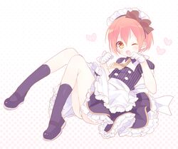  :3 apron blush commentary_request female frills full_body gloves hair_ribbon heart hoshizora_rin looking_at_viewer love_live! love_live!_school_idol_project maid_headdress moriyama_shijimi oerba_yun_fang one_eye_closed open_mouth orange_hair panties pantyshot polka_dot ribbon short_hair skirt smile underwear white_panties yellow_eyes 