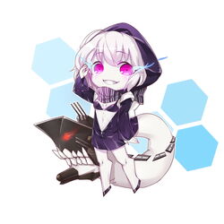  absurdres abyssal_ship backpack bag chibi commentary_request female fm glowing glowing_eyes grin highres hood hoodie kantai_collection pale_skin purple_eyes re-class_battleship scarf short_hair smile solo tail white_hair 