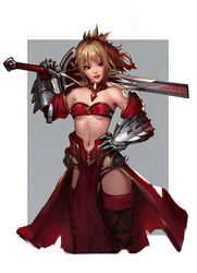  absurdres armor bad_id bad_pixiv_id blonde_hair breasts clarent_(fate) commentary detached_collar english_commentary fate/apocrypha fate_(series) female gauntlets green_eyes hair_ornament hair_scrunchie hand_on_own_hip highres micat midriff mordred_(fate) mordred_(fate/apocrypha) navel over_shoulder photoshop_(medium) red_lips red_scrunchie scrunchie short_hair short_ponytail small_breasts solo spiked_hair sword sword_over_shoulder weapon weapon_over_shoulder 