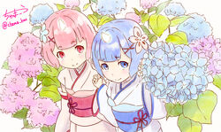  2girls :&gt; absurdres aged_down blue_eyes blue_hair blush chama_kou closed_mouth commentary_request flower glowing_horns hair_flower hair_ornament highres holding_hands horns hydrangea japanese_clothes kimono looking_at_viewer multiple_girls obi pink_eyes pink_hair ram_(re:zero) re:zero_kara_hajimeru_isekai_seikatsu rem_(re:zero) sash short_hair siblings signature single_horn sisters smile twins twitter_username white_background x_hair_ornament 