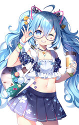  ;d absurdres ahoge arm_up bag bendy_straw black_ribbon black_shirt black_skirt blue_background blue_eyes blue_hair blue_nails chain-link_fence chuor_(chuochuoi) collarbone commentary crop_top cup disposable_coffee_cup disposable_cup drinking_straw facial_mark female fence fingernails glasses glint green_scrunchie grin hair_between_eyes hair_ribbon hatsune_miku heart highres holding holding_cup long_hair looking_at_viewer midriff nail_polish navel ok_sign one_eye_closed open_mouth photoshop_(medium) pleated_skirt polka_dot polka_dot_ribbon polka_dot_shirt puffy_short_sleeves puffy_sleeves purple-framed_eyewear ribbon scrunchie semi-rimless_eyewear shirt shopping_bag short_sleeves skirt smile solo star_(symbol) stuffed_animal stuffed_toy summer symbol-only_commentary teddy_bear under-rim_eyewear very_long_hair vocaloid watch white_scrunchie wrist_scrunchie wristwatch 