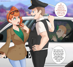  1girls 2boys arrest arrested blue_jeans brown_jacket deepspace defeat defeated english_text eyewear_on_head game_over ginger ginger_hair glasses good_end good_ending green_eyes green_hair green_topwear handcuffs orange_hair pokemon pokemon_ss police police_car police_hat police_officer_(pokemon) police_uniform punk_guy_(pokemon) punk_guy_(pokemon_xy) shocked sonia_(pokemon) speech_bubble sunglasses sunglasses_on_head tagme text trenchcoat 