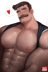  1boy abs absurdres bara bare_pectorals blue_eyes brown_hair chest_hair cleft_chin clothes_lift facial_hair handlebar_mustache heart highres kaysuoae large_pectorals looking_at_viewer male_focus mature_male moustache muscular muscular_male navel_hair nipples original pectorals robert_(kaysuoae) shirt_behind_neck shirt_lift short_hair sideburns simple_background solo speech_bubble thick_eyebrows upper_body white_background 