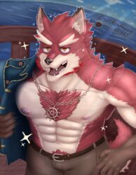  absurd_res anthro canid canine diederich_olsen duckaphion fur hi_res knights_college male mammal muscular muscular_anthro muscular_male pirate red_body red_fur sea solo water 