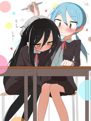  2girls :&lt; absurdres arm_up black_cardigan black_pantyhose blue_hair blush brown_eyes brown_skirt cardigan chair closed_mouth collared_shirt commentary_request desk glasses half_updo heart highres holding holding_pen kasugai_kagari leaning_forward long_hair long_sleeves looking_at_another low_ponytail motion_lines multiple_girls neck_ribbon null-meta open_cardigan open_clothes open_mouth pantyhose pen raised_eyebrow red_ribbon ribbon saku_p school_chair school_desk shirt sidelocks simple_background skirt souen_chiaki sweatdrop translation_request white_background white_shirt yellow_eyes yuri 