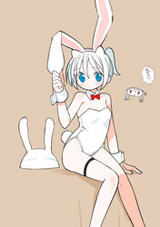  2girls :&lt; agoshi_sakina animal_ears arm_support bare_shoulders blue_eyes blush bow bowtie breasts brown_background creature doodle_inset fake_animal_ears fake_tail feet_out_of_frame hair_horns hairband highleg highleg_leotard highres invisible_chair knees_together_feet_apart kokaki_mumose leotard looking_at_viewer medium_breasts moneko_(null-meta) multiple_girls null-meta playboy_bunny rabbit_ears rabbit_tail red_bow red_bowtie short_hair short_ponytail simple_background sitting solo_focus strapless strapless_leotard tail takada_shiyuki thigh_strap thought_bubble translation_request white_hair white_hairband white_leotard 