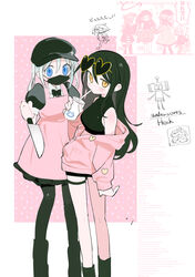  1boy 4girls agoshi_sakina alternate_costume alternate_hairstyle arm_at_side black_bow black_bowtie black_headwear black_pantyhose black_shirt black_skirt blue_eyes blush bow bowtie breasts cabbie_hat covered_mouth crossover doodle_inset dress drink drinking english_text eyewear_on_head feet_out_of_frame grey_hair hand_up hat heart heart-shaped_eyewear highres holding holding_drink holding_knife jacket katamari_damacy knife kokaki_mumose large_breasts long_hair long_sleeves looking_at_viewer lyrics mask miniskirt mouth_mask multiple_girls null-meta pantyhose partially_colored partially_unbuttoned pinafore_dress pink_background pink_dress pink_jacket ponytail puffy_short_sleeves puffy_sleeves reference_inset reverse_grip running shirt short_sleeves skirt sleeveless sleeveless_dress sleeveless_shirt souen_chiaki sunglasses takada_shiyuki the_prince_(katamari_damacy) thigh_strap uozumi_kurumi white_background yellow_eyes 