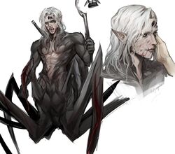  1boy abs angry arachne_boy arthropod_limbs artist_name baldur&#039;s_gate baldur&#039;s_gate_3 black_sclera black_skin blood blood_in_hair blood_on_face carapace colored_sclera colored_skin cropped_torso dungeons_&amp;_dragons extra_eyes fangs grey_background grey_hair hand_on_another&#039;s_face highres holding holding_lantern kar&#039;niss lantern light_smile male_focus medium_hair monster_boy multicolored_skin multiple_views open_mouth pectorals pointy_ears signature simple_background spider_boy standing taur twitter_username two-tone_skin v-shaped_eyebrows wavy_hair weapon weapon_on_back yellow_eyes zyrophin 