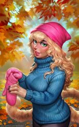  2020 autumn blonde_hair borealan claws clothing felid female fur green_eyes hair handwear hat headgear headwear humanoid levelviolet lips mammal mittens pinwheel_(snekguy) snekguy solo 