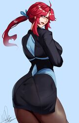  absurdres ahoge ass black_suit breasts brown_pantyhose crossed_arms female formal glasses highres large_breasts long_hair long_sleeves lorelei_(pokemon) michael_lavacca pantyhose pencil_skirt pokemon pokemon_lgpe ponytail red_eyes red_hair semi-rimless_eyewear sidelocks skirt solo suit swept_bangs 