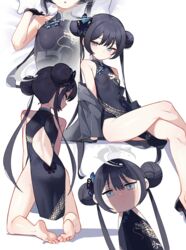  absurdres ass barefoot black_dress black_gloves black_hair blue_archive bongnom china_dress chinese_clothes coat double_bun dragon_print dress female gloves grey_coat grey_eyes hair_bun halo highres kisaki_(blue_archive) long_hair long_sleeves multiple_views open_clothes open_coat open_mouth simple_background sleeveless sleeveless_dress soles striped_clothes striped_coat toes twintails vertical-striped_clothes vertical-striped_coat white_background 