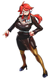  absurdres ahoge black_suit breasts brown_pantyhose cleavage commentary_request female formal ghgnvm glasses hand_on_own_hip high_heels highres holding holding_poke_ball large_breasts long_hair long_sleeves lorelei_(pokemon) pantyhose pencil_skirt poke_ball poke_ball_(basic) pokemon pokemon_lgpe ponytail red_eyes red_hair semi-rimless_eyewear sidelocks skirt suit swept_bangs turtleneck 