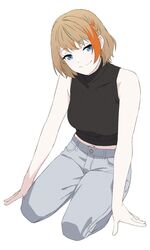  akitetsu black_shirt blue_eyes breasts closed_mouth female full_body grey_pants highres kneeling light_brown_hair looking_at_viewer medium_bangs medium_breasts midriff multicolored_hair nanashi_inc. navel official_alternate_costume orange_hair pants shirt short_hair simple_background sleeveless sleeveless_shirt smile solo touri_sei touri_sei_(2nd_costume) two-tone_hair virtual_youtuber white_background 