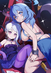  2girls absurdres ako_(blue_archive) ako_(dress)_(blue_archive) ass backless_dress backless_outfit blue_archive blue_dress blue_eyes blue_hair breasts butt_crack closed_mouth cuffs dream_of_pears dress elbow_gloves gloves hair_between_eyes halo handcuffs highres hina_(blue_archive) hina_(dress)_(blue_archive) large_breasts long_hair multiple_girls official_alternate_costume official_alternate_hairstyle purple_dress purple_eyes purple_gloves sideboob sleeveless sleeveless_dress small_breasts smile strapless strapless_dress white_hair 