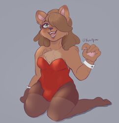  anthro bear breasts brown_body brown_fur brown_hair bulge bunny_costume chest_tuft clothing costume detailed_bulge feet fur green_eyes gynomorph hair hair_over_eye happy intersex kirumeow legwear looking_at_viewer mammal moonie_(kirumeow) multicolored_body one_eye_obstructed open_mouth pantyhose red_clothing sitting small_breasts smile solo thigh_highs tuft two_tone_body wide_hips 