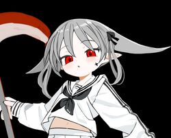  :o abysmal black_neckerchief blush facial_mark female hair_ears half-closed_eyes holding holding_scythe kokaki_mumose light_blush long_hair long_pointy_ears long_sleeves looking_at_viewer midriff_peek navel neckerchief pointy_ears red_eyes sailor_collar school_uniform scythe serafuku shion_(abysmal) simple_background solo twintails upper_body vertical-striped_sleeves white_sailor_collar white_serafuku 