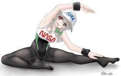  black_pantyhose black_wristband bow brown_eyes clothes_writing competition_swimsuit female grey_hair hairbow highleg highleg_swimsuit jaxa koisuru_asteroid long_hair morino_mari multicolored_clothes multicolored_swimsuit nasa one-piece_swimsuit pantyhose simple_background sitting solo stretching swimsuit thighband_pantyhose twitter_username white_background white_headwear zakuta 