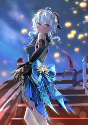  absurdres bare_shoulders bell blue_hair blush breasts china_dress chinese_clothes dress female ganyu_(genshin_impact) ganyu_(twilight_blossom)_(genshin_impact) genshin_impact highres horns long_hair looking_at_viewer mochi_upamo neck_bell official_alternate_costume official_alternate_hairstyle purple_eyes solo thighs 