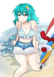  :q beach bikini blue_bikini blue_eyes blue_hair breasts cleavage closed_mouth commentary_request female frilled_bikini frills hair_ornament heterochromia highres karakasa_obake large_breasts looking_at_viewer medium_hair outdoors red_eyes shell_hair_ornament smile solo star_(symbol) star_hair_ornament swimsuit tatara_kogasa tatara_kogasa_(beach_umbrella_castaway) tongue tongue_out touhou touhou_lostword umbrella wading yamutya6rouga 