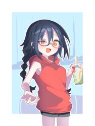  black_hair black_shorts blue_background blush border braid breasts commentary_request drink female furrowed_brow glasses highres holding holding_drink hood hood_down hoodie long_hair looking_at_viewer low_twin_braids mcdonald&#039;s medium_breasts null-meta open_mouth orange_eyes outside_border outstretched_hand package_(kazama0819) raised_eyebrows red_hoodie short_shorts shorts sleeveless sleeveless_hoodie smile smug solo souen_chiaki standing twin_braids uneven_eyes white_border 