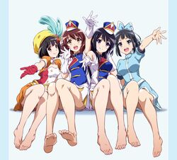  4girls band_uniform bare_legs barefoot beret blue_shirt blue_skirt brown_eyes brown_hair convenient_leg feet full_body girl_sandwich gloves hat hat_feather hibike!_euphonium highres hisaishi_kanade kousaka_reina legs looking_at_viewer marching_band mini_shako_cap multiple_girls nii_manabu oumae_kumiko sandwiched sasaki_azusa shirt skirt smile soles thighs toenails toes white_gloves white_skirt yellow_headwear yellow_skirt 