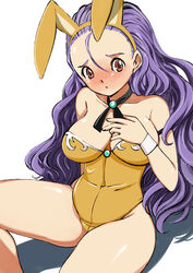  animal_ears breasts closed_mouth fake_animal_ears female furrowed_brow hair_between_eyes hairband highres leotard lisa_(princess_maker) long_hair loose_hair_strand medium_breasts muramasa_mikado playboy_bunny princess_maker_(series) princess_maker_3 purple_hair rabbit_ears red_eyes shadow simple_background solo strapless strapless_leotard thighs wavy_hair white_background white_wrist_cuffs wrist_cuffs yellow_hairband yellow_leotard 