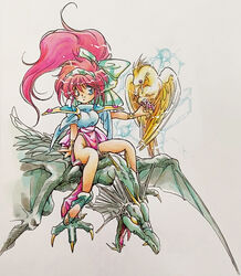  alisia_dragoon alisia_dragoon_(character) arm_up armor bird blue_eyes bracelet brown_hair claws dragon dragon_riding dragon_wings electricity female headband highres jewelry kei_als_ria legs loincloth long_hair looking_at_viewer no_panties pink_loincloth ponytail ribbon riding sandals shirt shoulder_armor sitting smile thighs thunder_raven traditional_media white_shirt wings 