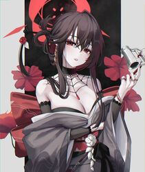  absurdres black_hair blue_archive blush breasts cleavage female goth_fashion grey_kimono hair_between_eyes halo highres holding japanese_clothes kimono kokuriko_(blue_archive) large_breasts long_hair long_sleeves moko_(jw7436) obi open_mouth opera_glasses red_eyes red_halo sash solo wide_sleeves 