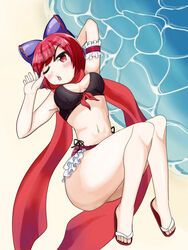  armpits beach bikini black_bikini blush bow breasts cleavage commentary_request feet female flip-flops frilled_bikini frills full_body hairbow highres knees_together_feet_apart knees_up legs looking_at_viewer navel one_eye_closed open_mouth outdoors purple_bow red_eyes red_hair red_scarf sandals scarf sekibanki sekibanki_(dullahan_on_the_beach) short_hair solo swimsuit toes touhou touhou_lostword yamutya6rouga 