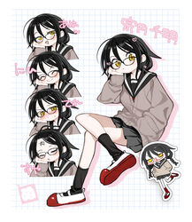  ^_^ absurdres black_sailor_collar black_skirt black_socks blush brown_cardigan cardigan character_name chibi chibi_inset closed_eyes drooling drop_shadow embarrassed expressions facepaint female figure_four_sitting forehead full_body glaring glasses grid_background grin half-closed_eyes hand_in_pocket heart highres invisible_chair kokaki_mumose long_hair long_sleeves looking_at_viewer miniskirt multiple_views nose_blush null-meta open_mouth pleated_skirt rolling_eyes sailor_collar school_uniform serafuku shoes sitting skirt sleeping smile socks souen_chiaki sweat uwabaki white_background 