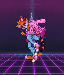  1990s absurd_res anthro bodily_fluids bottomwear bunny_costume clothing costume crying denim denim_bottomwear denim_clothing domestic_cat felid feline felis footwear hi_res jacket jeans katxfish katxlogan laser lights male mammal pants pink_clothing pink_sneakers pixelated shoes sneakers solo synthwave tail tears topwear 