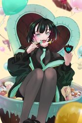  absurdres allmind_(armored_core_6) armored_core armored_core_6 black_hair candy chocolate earrings female food green_eyes hasunesirusi heart heart-shaped_chocolate highres jewelry looking_at_viewer open_mouth pantyhose short_hair valentine 