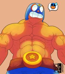  abs anthro bara belt biceps big_chest big_muscles big_pecs blue_pants brawl_stars confused dark_skin dilf drop el_primo_(brawl_stars) emoji gay gold_jewelry looking_at_viewer looking_down male male_focus male_only mask masked masked_male muscle naughtysebb nipples pecs simple_background solid_color_background supercell thick_thighs veins veiny_arms veiny_muscles video_games 