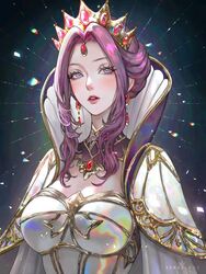  blush breasts crown dress earrings elegant elegant_dress glowing jewelry mature mature_female mature_woman milf mirelia_q_melromarc mother pale-skinned_female pale_skin purple_eyes purple_hair queen royalty serafleur tate_no_yuusha_no_nariagari the_rising_of_the_shield_hero tight_clothing 