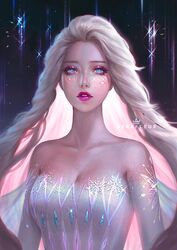  blonde_hair breasts disney disney_princess dress elsa_(frozen) frozen_(film) frozen_2 lipstick long_hair portrait serafleur white_dress 