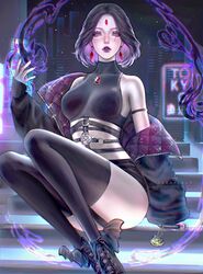  1girls bare_shoulders black_hair dc dc_comics female female_only forehead_jewel fully_clothed jacket jacket_open magic magical_girl purple_eyes purple_hair rachel_roth raven_(dc) serafleur short_hair solo stockings teen_titans tight_clothing 