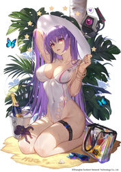  arm_up bag bangle bare_shoulders barefoot bottle bracelet breasts bucket bug butterfly cleavage collarbone commentary covered_navel dinergate_(girls&#039;_frontline) female girls&#039;_frontline groin highleg highleg_swimsuit highres jewelry large_breasts long_hair looking_at_viewer nail_polish non-humanoid_robot octopus official_art one-piece_swimsuit parted_lips plant purple_hair purple_nails red_eyes robot sand sangvis_ferri shell solo star_cutout sunglasses swimsuit thigh_strap thighs very_long_hair watermark wet white_one-piece_swimsuit whoisshe zb-26_(girls&#039;_frontline) zb-26_(nook_of_ephemeral_dreams)_(girls&#039;_frontline) 