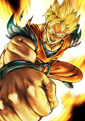  1boy absurdres aged_up amputee blonde_hair dougi dragon_ball dragon_ball_z fighting_stance foreshortening green_eyes highres incoming_attack looking_at_viewer male_focus muscular muscular_male orange_pants orange_shirt pants pectoral_cleavage pectorals punching scar scar_across_eye scar_on_face shirt solo son_gohan son_gohan_(future) spiked_hair studio_viga super_saiyan super_saiyan_1 torn_clothes torn_shirt 