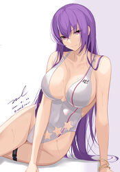  arm_support bare_arms bare_shoulders breasts cleavage collarbone commentary dated female girls&#039;_frontline groin large_breasts long_hair looking_at_viewer official_alternate_costume one-piece_swimsuit photoshop_(medium) pink_eyes purple_hair sidelocks signature simple_background sitting smile solo star_cutout swimsuit thigh_strap thighs unel v-shaped_eyebrows very_long_hair wet white_background white_one-piece_swimsuit yokozuwari zb-26_(girls&#039;_frontline) zb-26_(nook_of_ephemeral_dreams)_(girls&#039;_frontline) 