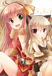  2girls :d :o ahoge animal_around_neck back-to-back belt black_hairband black_shirt black_shorts blue_belt blush bow breasts brown_gloves brown_shirt brown_shorts commentary_request crop_top detached_sleeves dress feet_out_of_frame feline flat_chest fox fur-trimmed_gloves fur-trimmed_shirt fur-trimmed_shorts fur_trim gloves green_eyes hair_between_eyes hairband hairbow light_brown_hair long_hair looking_at_another looking_back medium_breasts midriff multiple_girls navel open_mouth pink_hair professor_(ragnarok_online) ragnarok_online red_dress red_eyes red_sleeves shindo_hachigo shirt short_shorts shorts sitting sleeveless sleeveless_dress sleeveless_shirt smile sniper_(ragnarok_online) striped_sleeves two-tone_shirt two-tone_shorts yellow_bow yellow_sleeves 