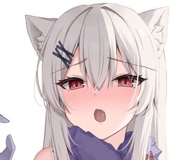  animal_ears blush cat_ears embarrassed female grey_hair hair_ornament hairclip kamu_(geeenius) long_hair looking_at_viewer oerba_yun_fang open_mouth original paid_reward_available red_eyes simple_background solo white_background x_hair_ornament yami-chan_(kamu_(geeenius)) 