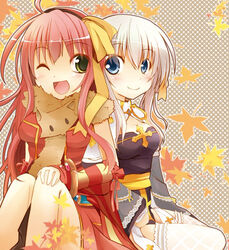  2girls :d ahoge animal_around_neck arch_bishop_(ragnarok_online) autumn_leaves bangle black_dress blue_eyes blush bow bracelet breasts brown_hairband cleavage cleavage_cutout closed_mouth clothing_cutout commentary_request cross detached_sleeves dress falling_leaves feet_out_of_frame fishnet_thighhighs fishnets fox frilled_thighhighs frills green_eyes hair_between_eyes hairband hairbow high_heels jewelry leaf long_hair looking_at_another looking_to_the_side maple_leaf medium_breasts multiple_girls one_eye_closed open_mouth pelvic_curtain pink_hair professor_(ragnarok_online) ragnarok_online red_dress red_sleeves sash shindo_hachigo sitting sleeveless sleeveless_dress smile striped_sleeves thighhighs two-tone_dress white_dress white_hair white_thighhighs yellow_bow yellow_sash yellow_sleeves 