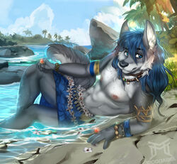  2021 5_fingers anthro arm_jewelry arm_support armband athletic athletic_anthro athletic_male beach black_nose blue_eyes blue_hair bracelet canid canine canis clothed clothing countershade_face countershade_torso countershading digit_ring digital_media_(artwork) feet_in_water fingers fur grey_body grey_fur hair humanoid_hands inner_ear_fluff jewelry long_hair looking_at_viewer lying maku_(masterofwolves99) male mammal masterofwolves99 moonabel multicolored_body multicolored_fur necklace nipples on_side outside palm_tree pecs pinup plant pose sarong seaside signature solo topless topless_male tree tropical tuft two_tone_body two_tone_fur water wet wet_body wet_fur white_body white_countershading white_fur wolf 