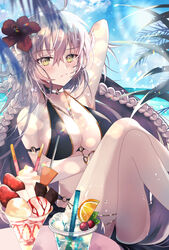  ahoge aoi_yugina arm_behind_head armpits blue_sky blush braid breasts cleavage crossed_legs cup day fate/grand_order fate_(series) female food grey_hair highres ice_cream jeanne_d&#039;arc_alter_(fate) jeanne_d&#039;arc_alter_(festival_outfit)_(fate) large_breasts long_hair looking_at_viewer official_alternate_costume outdoors sitting sky smile solo sundae sunlight tsurime wet yellow_eyes 